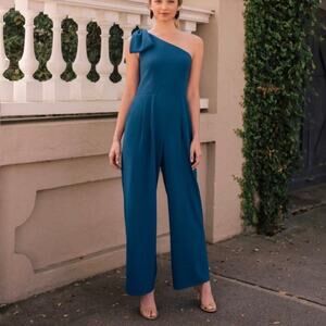 Gal Meets Glam Sylvia Jumpsuit Blue One Shoulder Bow size 6 Small Sleeveless